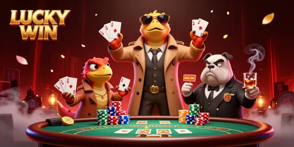 Experience the thrill of LUCKY WIN with cartoon raptors sneaking into a casino, surrounded by poker excitement.