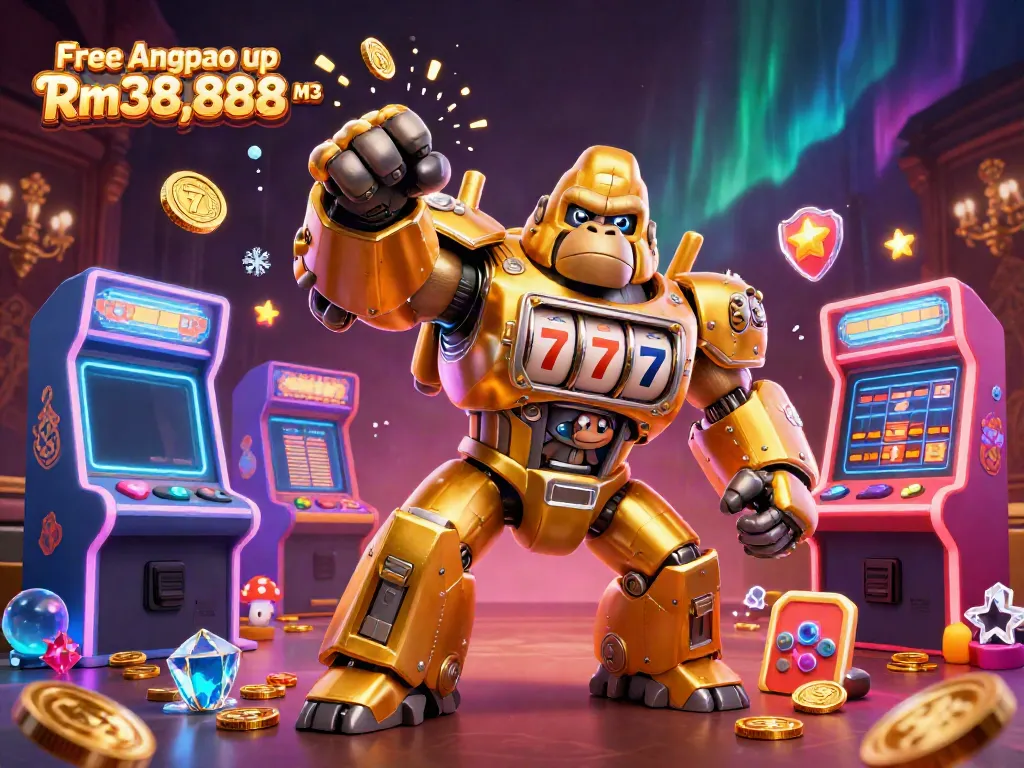 Exciting illustration showcasing the Free Angpao up Rm38,888 M3 theme with casino elements, a golden gorilla mech, and vibrant game scenes.