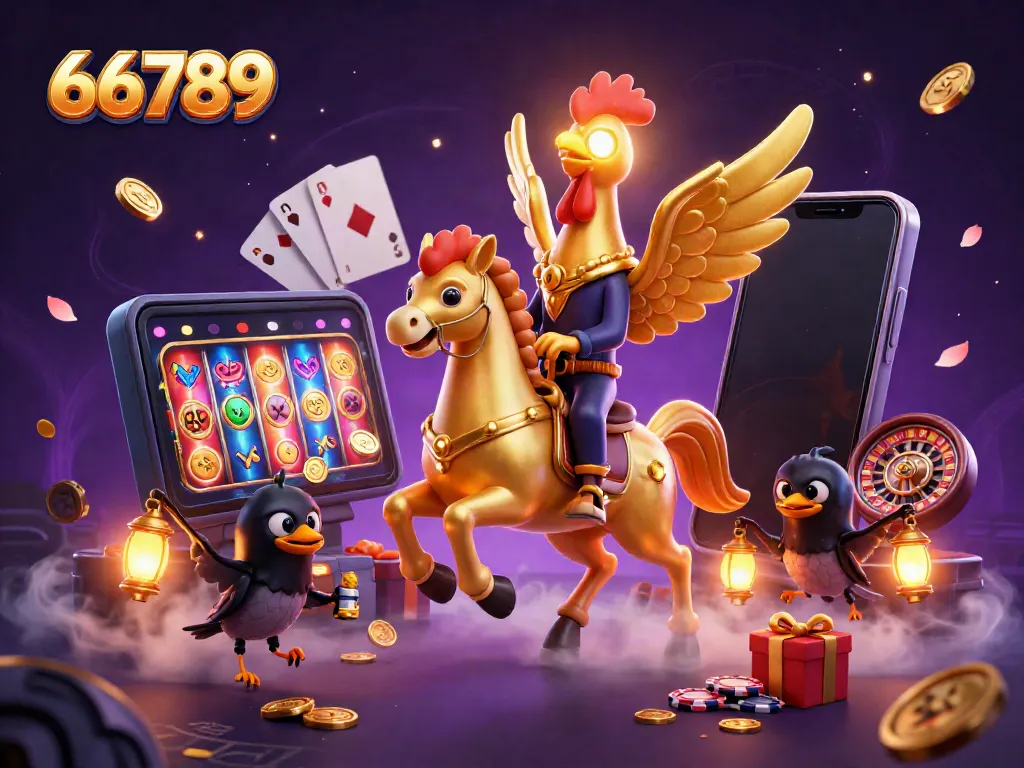 Experience vibrant gaming with 66789 in a dynamic casino illustration featuring a golden rooster