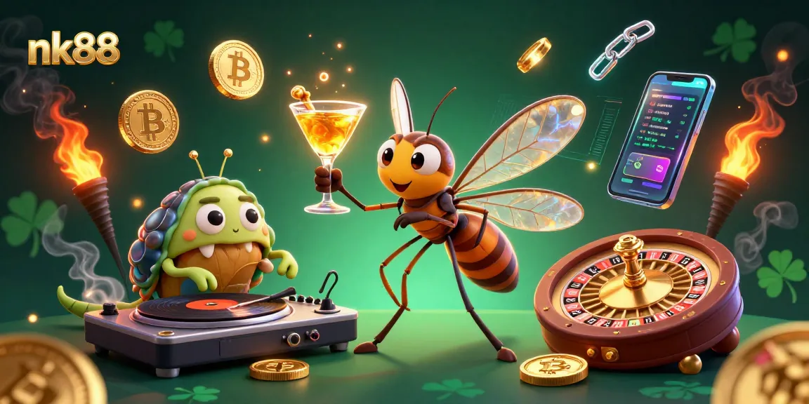 Experience thrilling gameplay with nk88, featuring a dynamic casino mascot and vibrant crypto elements.