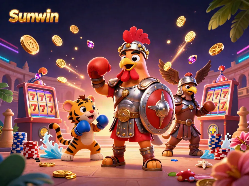 Experience Sunwin's thrilling casino scene featuring a gladiator rooster and dynamic gameplay elements.