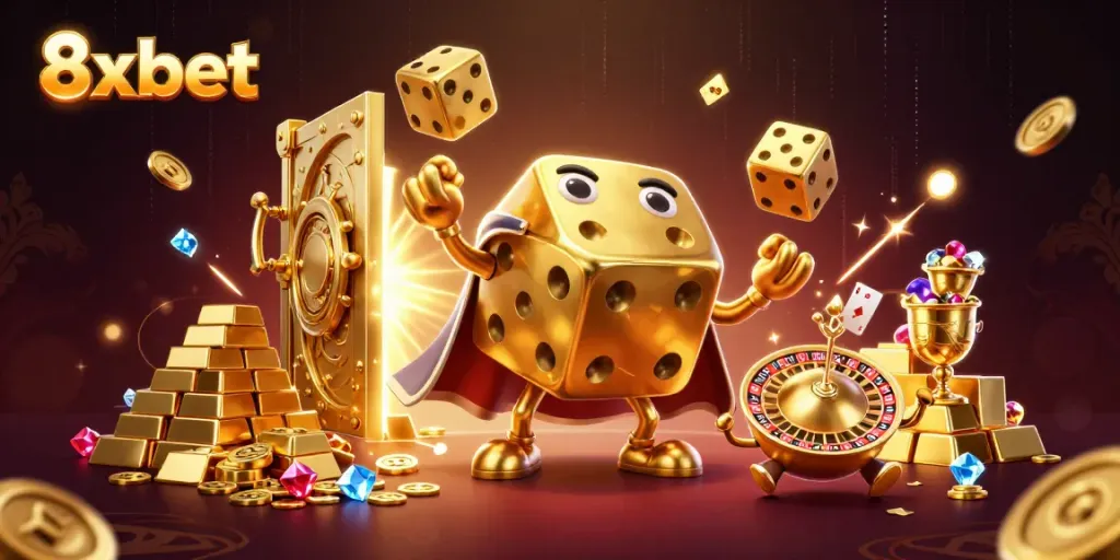 Experience thrilling gaming with 8xbet's vibrant illustration featuring gold dice and treasure.