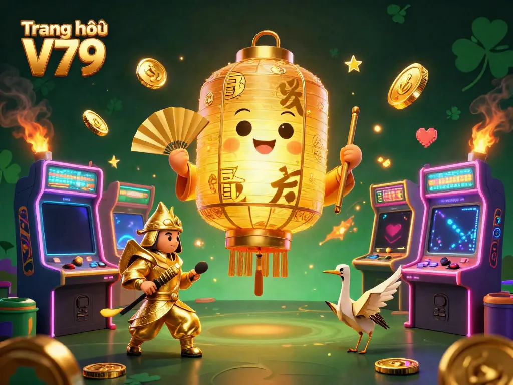 Engage with the vibrant world of Trang chủ V79, where a glowing lantern spirit floats above a lively casino scene filled with colorful game machines.