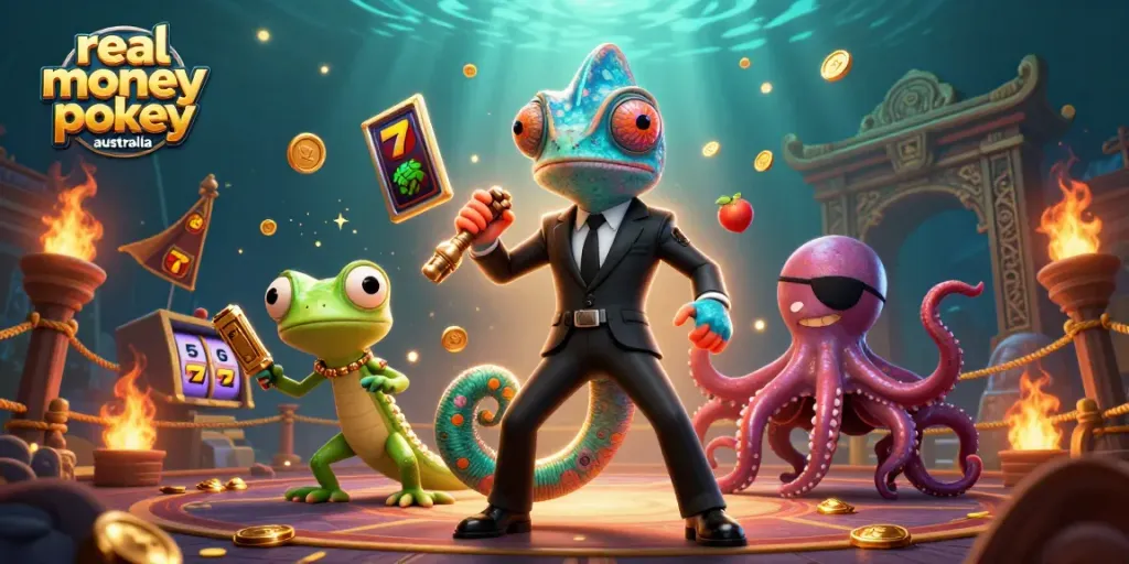 Exciting gameplay with real money online pokies Australia, featuring vibrant characters and jackpot symbols.