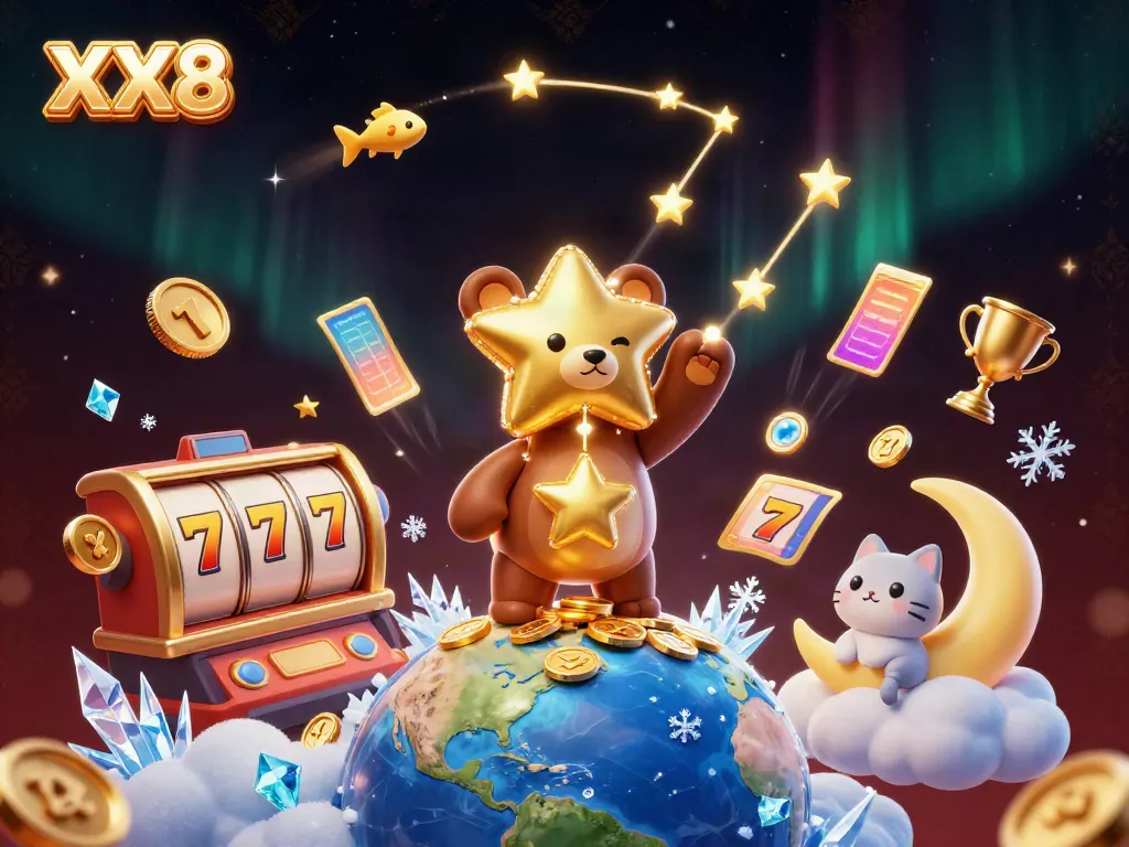 Engage with thrilling online gaming at XX8 featuring dazzling slot elements and a magical starry bear.