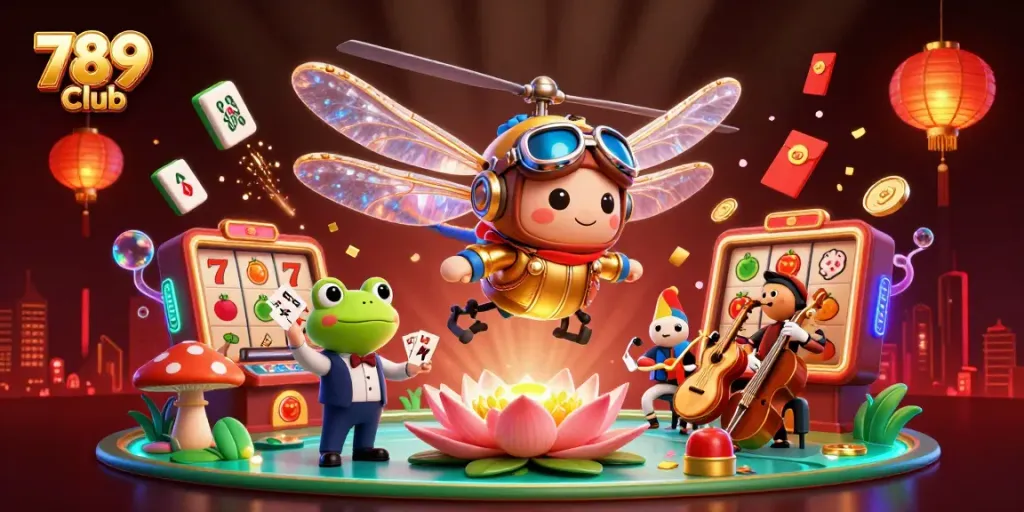 Experience the thrill of 789 Club with vibrant slot reels and lively casino characters.