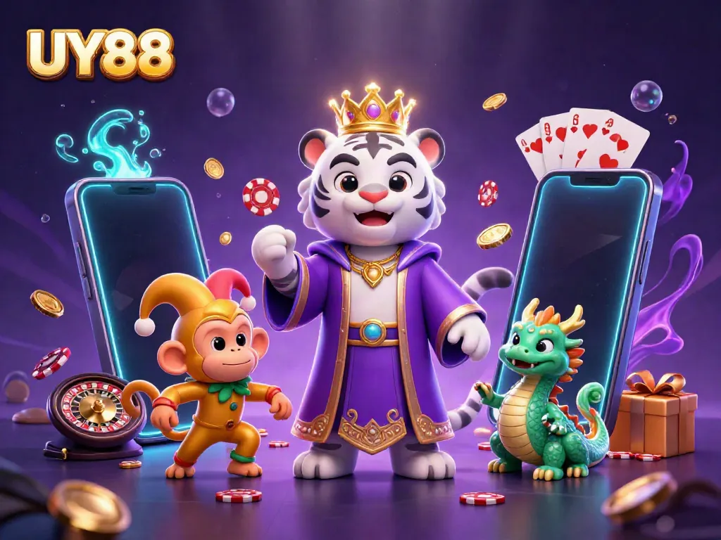 Experience the excitement of UY88 with our dynamic 3D casino illustration showcasing vibrant characters and games.
