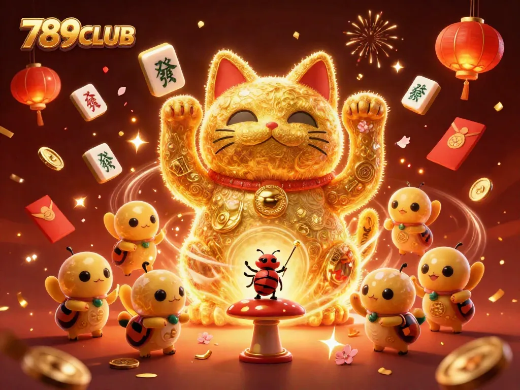 Experience the vibrant world of 789CLUB with a stunning 3D lucky cat surrounded by casino symbols.
