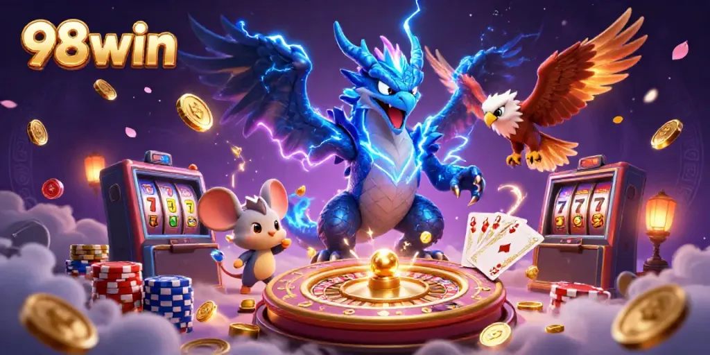 Experience thrilling gameplay at 98win with an electric dragon and vibrant casino elements.