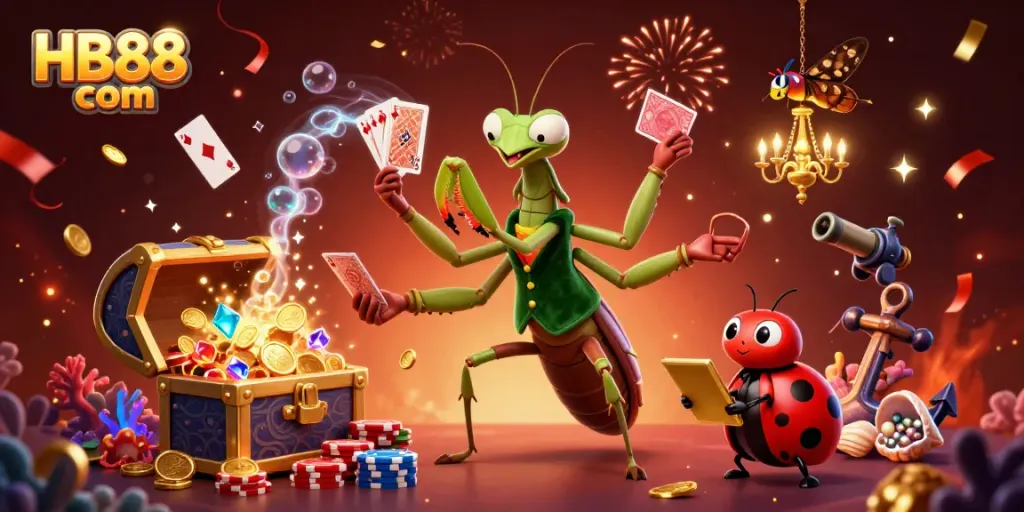 Experience casino excitement with vibrant HB88 com characters and a lively gambling scene full of games and treasures.