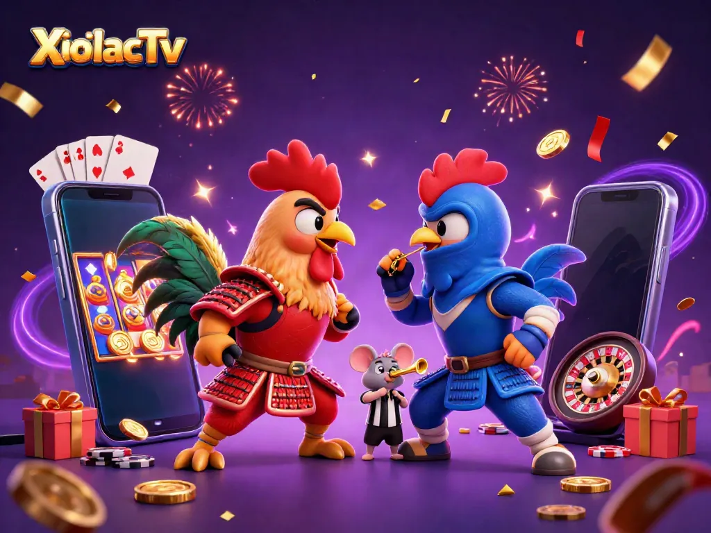 XoilacTv showcases a dramatic scene with fighting roosters, dynamic casino game elements, and vibrant energy.