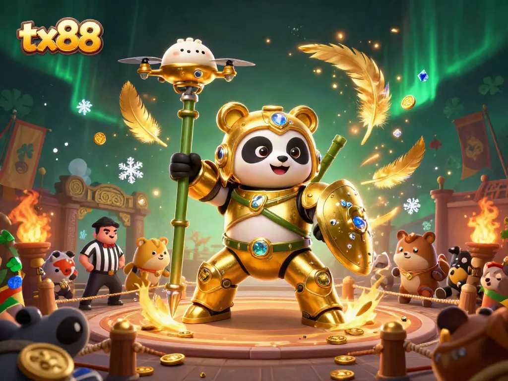 Engage with thrilling action at tx88 featuring a mech-suit panda battling in a vibrant casino arena.