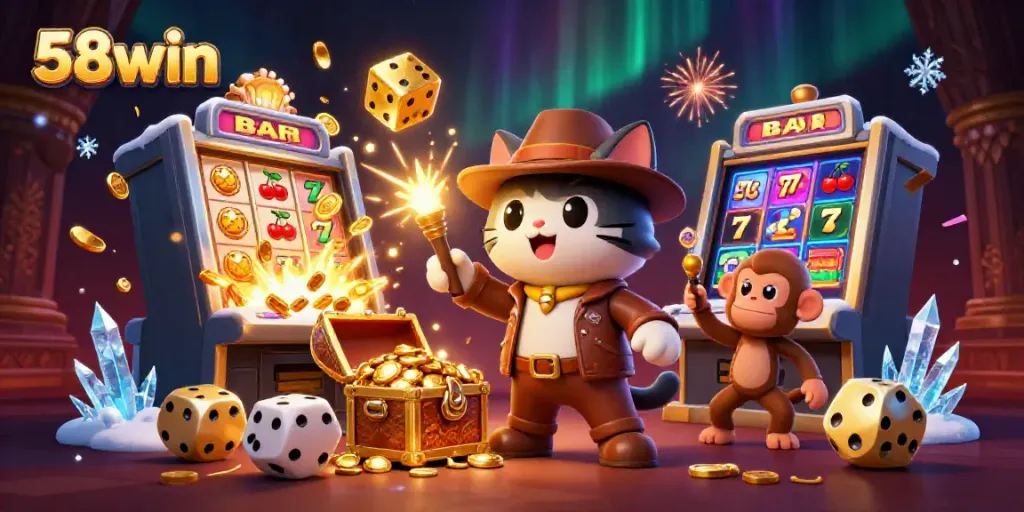 Experience the thrill of 58win's exciting casino adventures with an explorer cat and monkey in action.