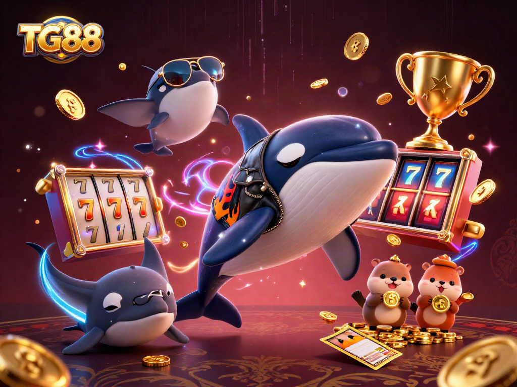 Engage in thrilling slots gameplay with TG88, featuring an orca, stingray, and otters in a dynamic casino scene.