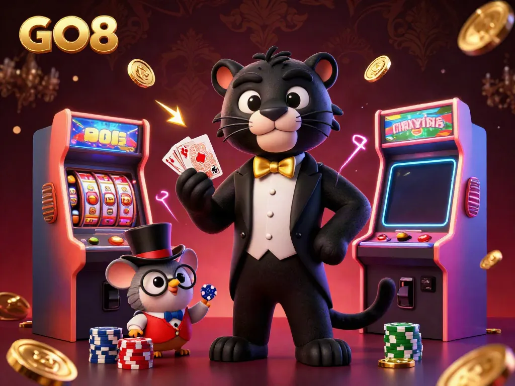 Experience the excitement of GO8 with a 3D panther, owl, and mouse in a vibrant casino scene.