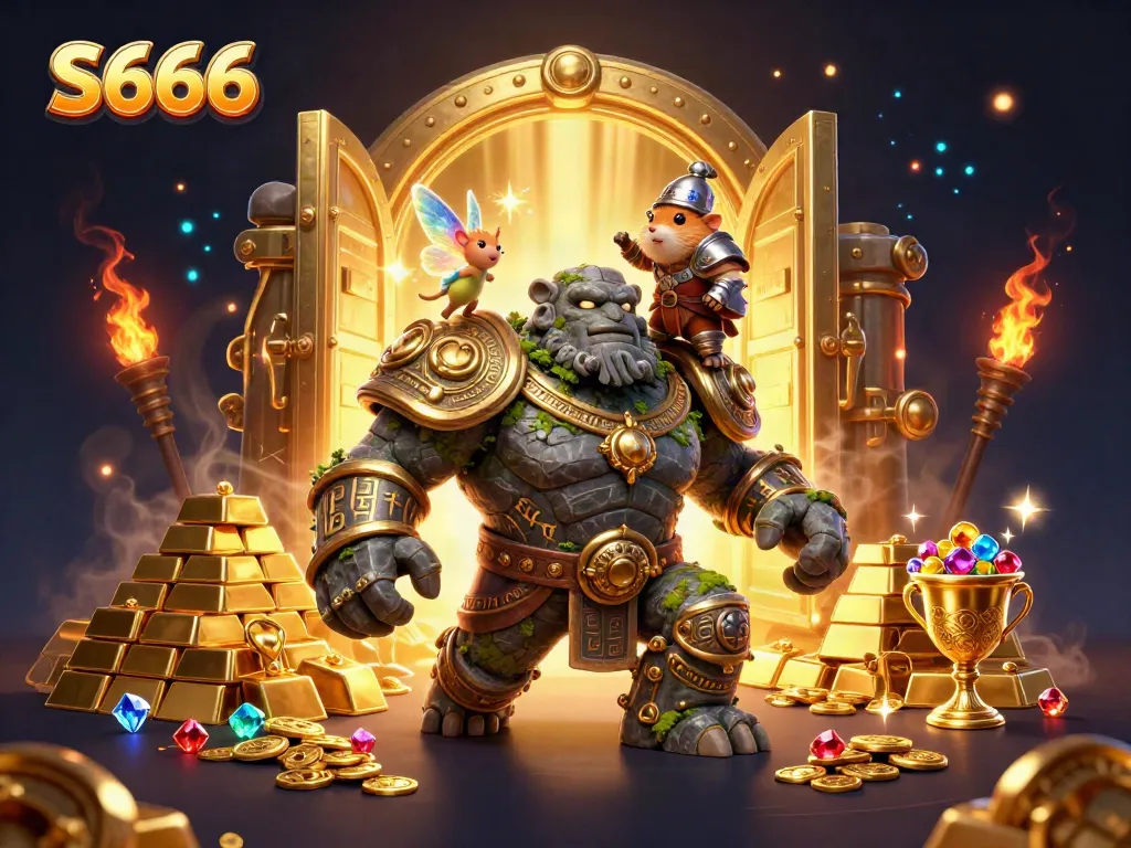 S666 captivates with a dynamic fantasy scene of a golem guardian, fairy magic, and hamster knight surrounded by jackpot treasures.