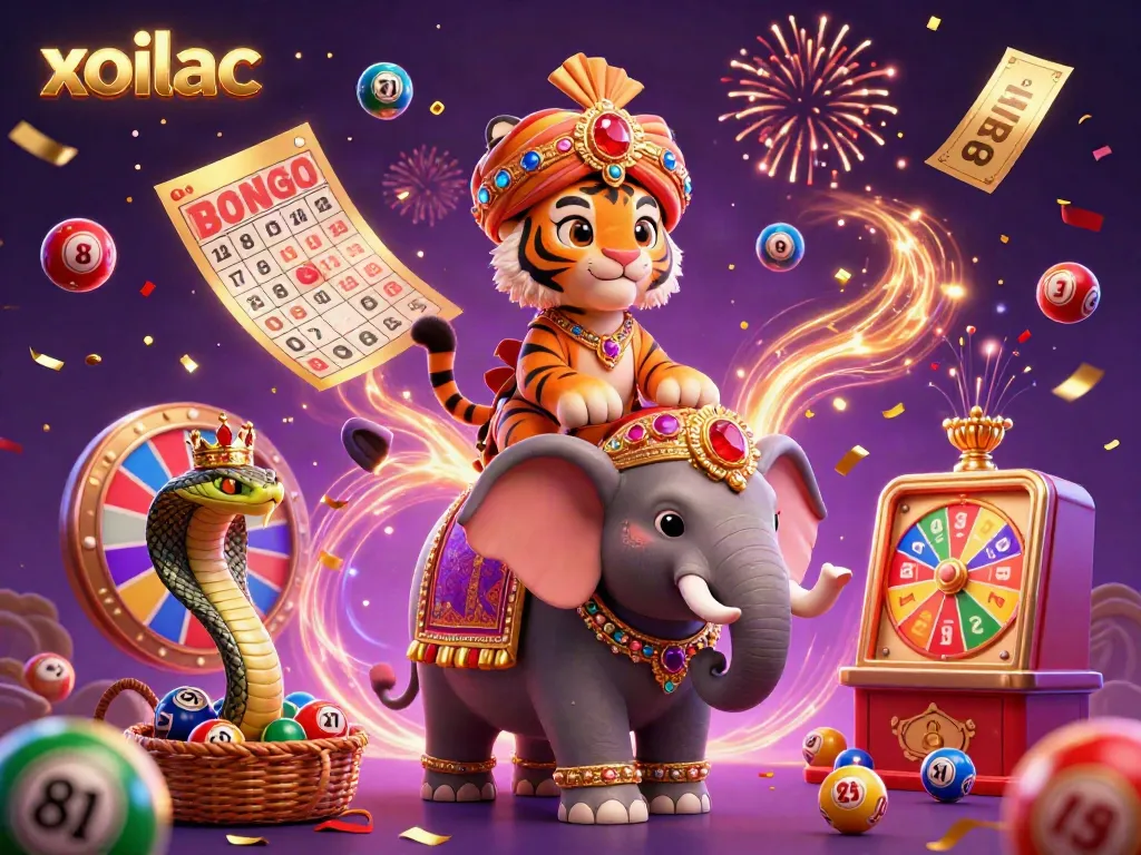Xoilac casino illustration featuring a lively scene with colorful lottery elements and a majestic elephant.