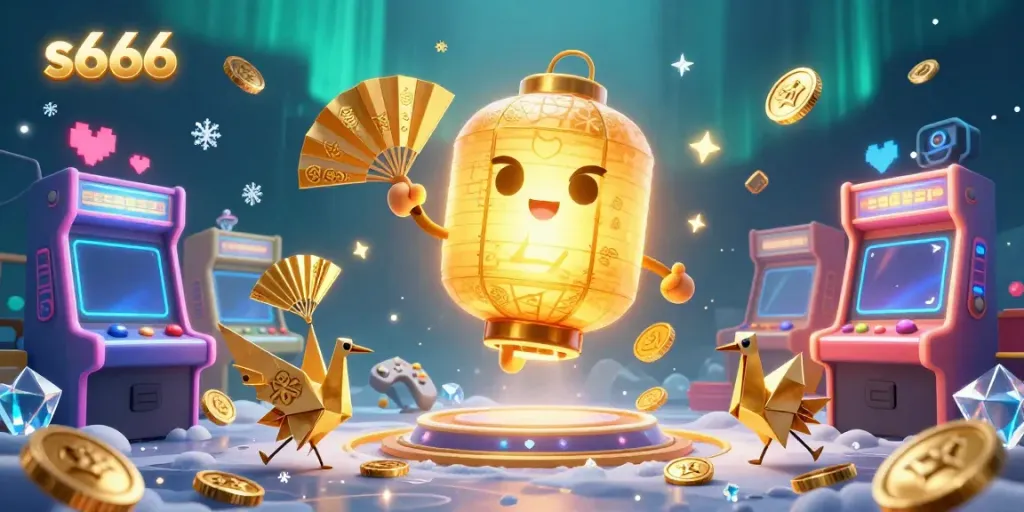 Engage with s666’s vibrant gaming experience featuring floating lantern spirits, arcade elements, and golden aesthetics.