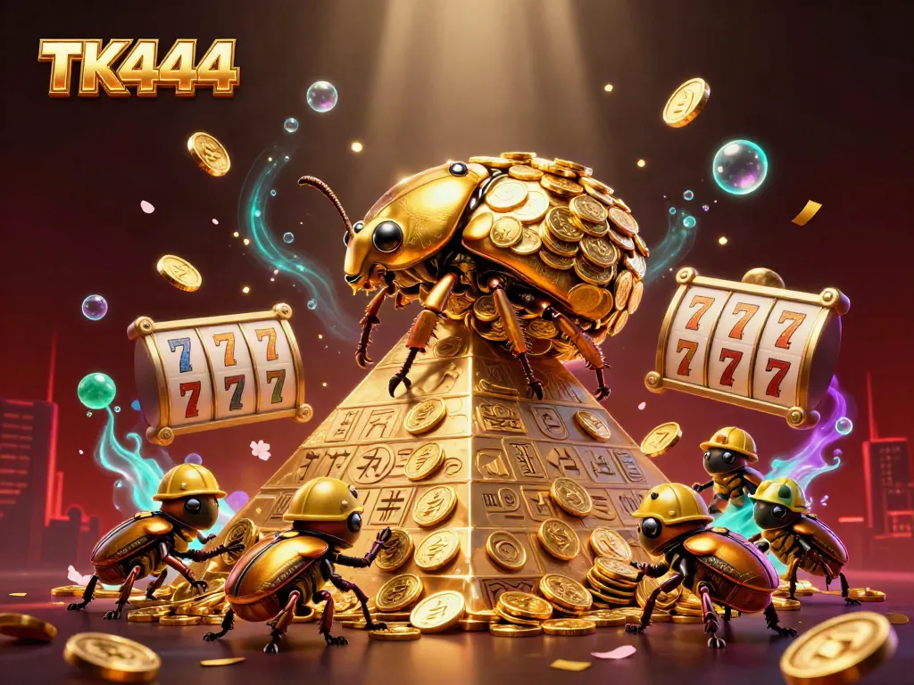 Engage in big wins at TK444 with golden coins, beetles in action, and vibrant slot game elements.