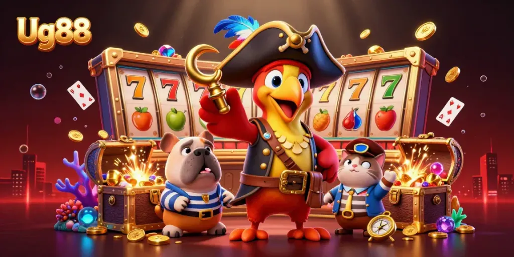 Engaging 3D casino illustration of Ug88 featuring a pirate captain, bulldog, and cat amidst slot symbols.