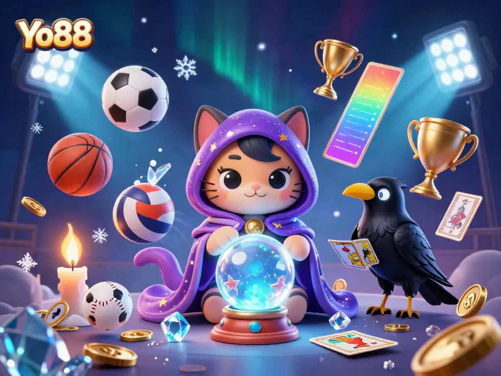 Experience Yo88 with fantasy characters and dynamic sports elements in this vibrant casino-themed illustration.