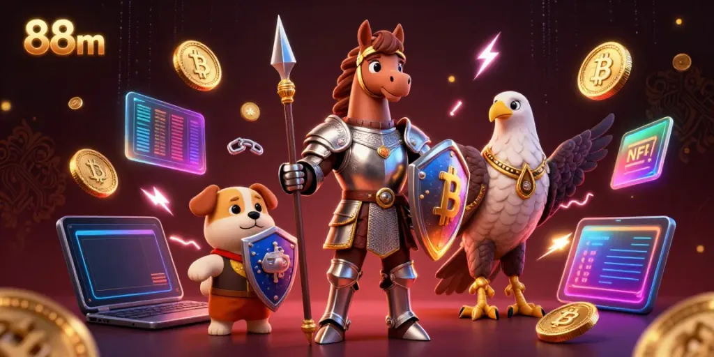 Experience high-stakes action at 88m with a knight, a puppy, and a falcon surrounded by vibrant crypto coins.