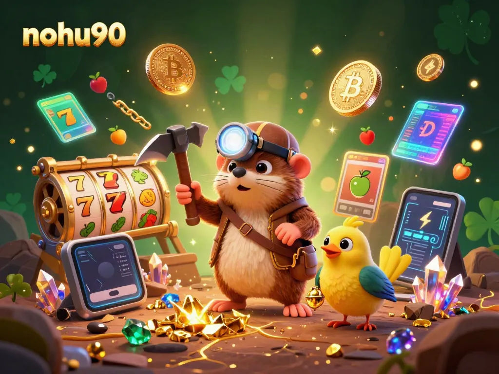 Experience thrilling slot action with nohu90 in this vibrant 3D illustration of a treasure hunter and canary.