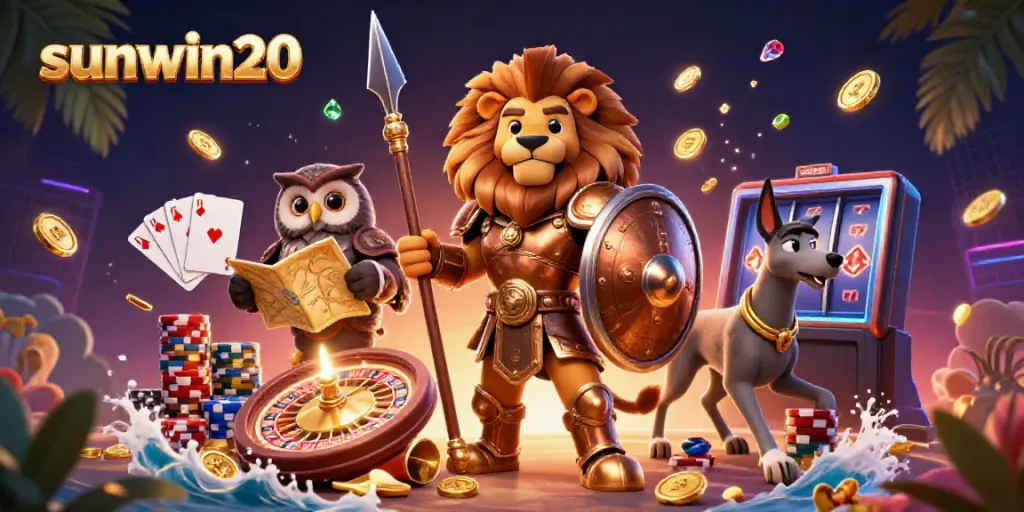 Experience the thrill of gambling at sunwin20 with a dynamic casino scene featuring a Spartan lion.