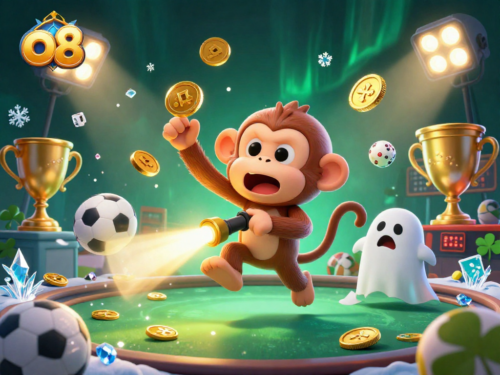 Experience thrilling gameplay at o8 with a mischievous monkey and curious ghost-hunter in a dynamic casino setting.