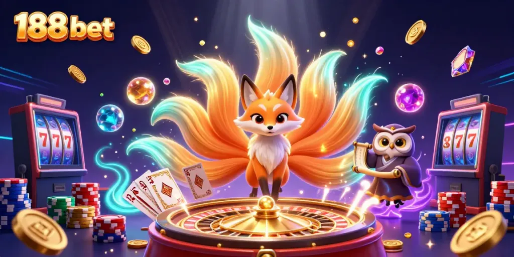 Engage with exciting slots and more at 188 bet in a vibrant casino scene filled with colorful characters.
