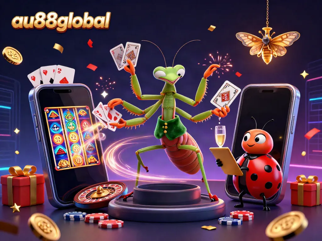 Engage in casino fun with au88global's vibrant 3D illustration showcasing a mantis card sharp and ladybug pit boss.