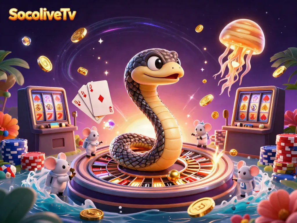 Experience thrilling gameplay with SocoliveTv in this cosmic casino scene featuring vibrant characters and elements.
