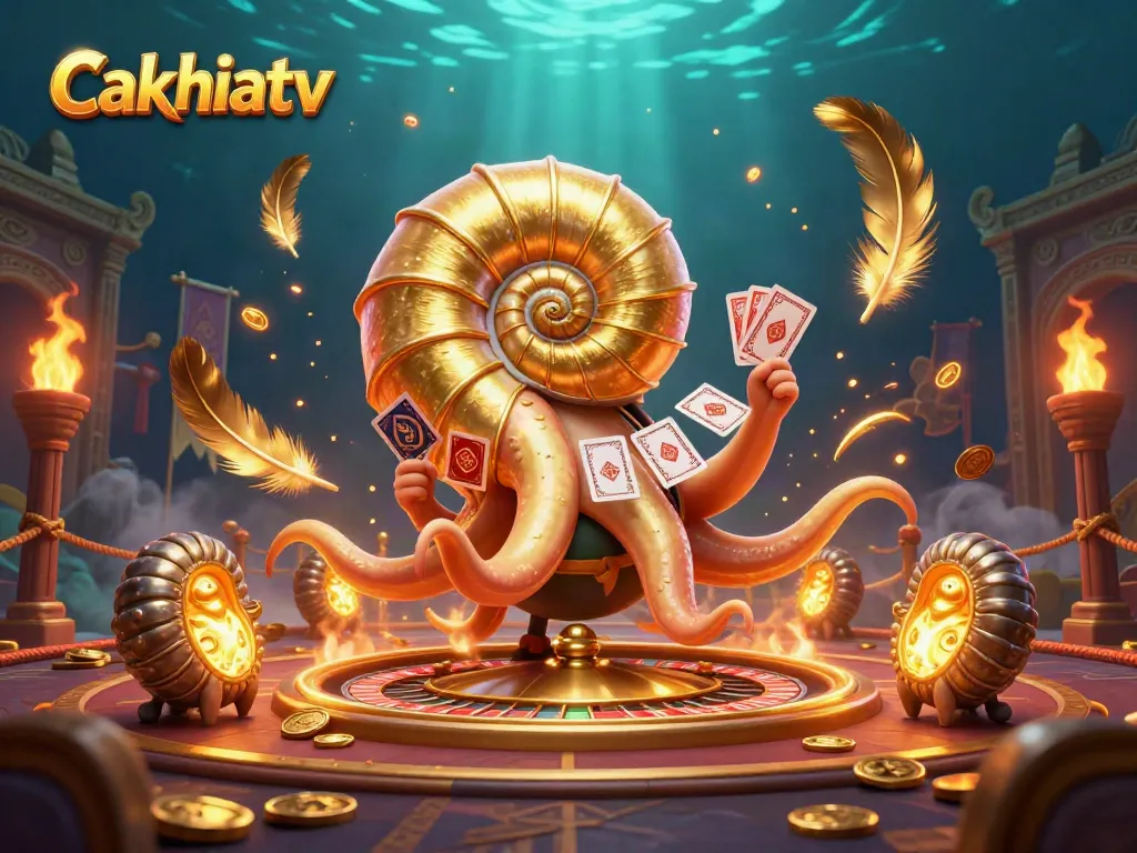 Cakhiatv showcases a vibrant 3D scene with a giant nautilus roulette wheel and glowing ammonite companions surrounded by rich gambling elements.