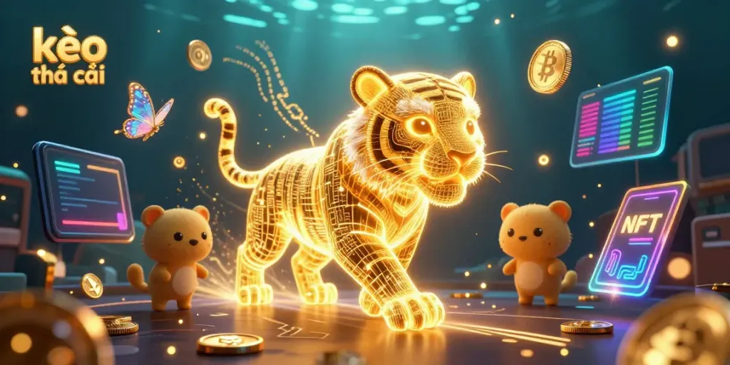 Experience the excitement of kèo nhà cái with a 3D-illustrated tiger in a vibrant digital casino setting, featuring crypto elements.