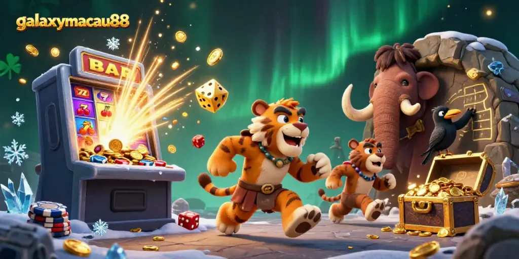 Experience the excitement at galaxymacau88 where cavemen run a prehistoric casino filled with treasures.