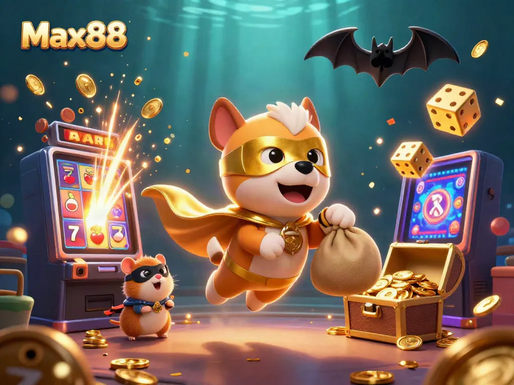 Max88-themed superhero dog and hamster fly over a bursting slot machine, showcasing winning excitement.