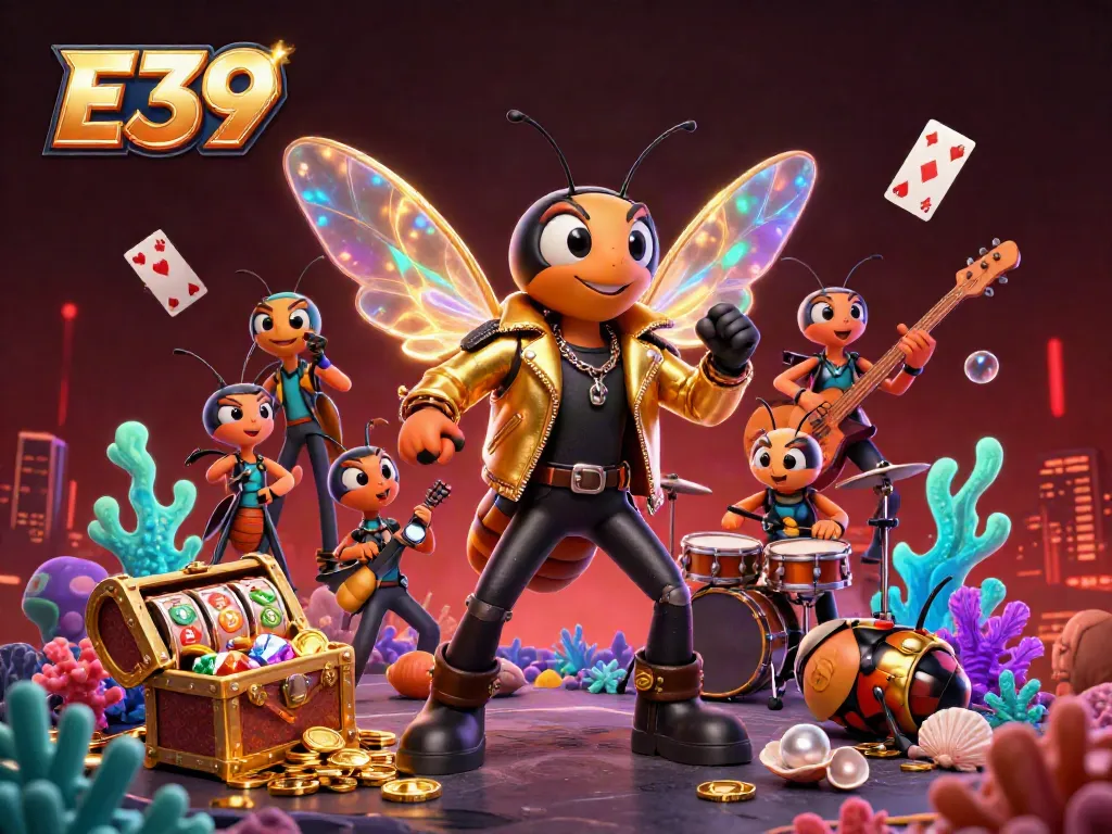 E39 showcases winning slot games with lively characters in a vibrant casino atmosphere.