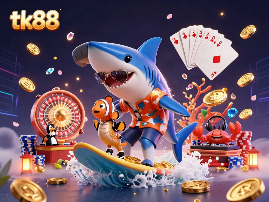 Join the thrilling adventure at tk88 with a 3D shark surfing gold coins surrounded by vibrant casino elements.