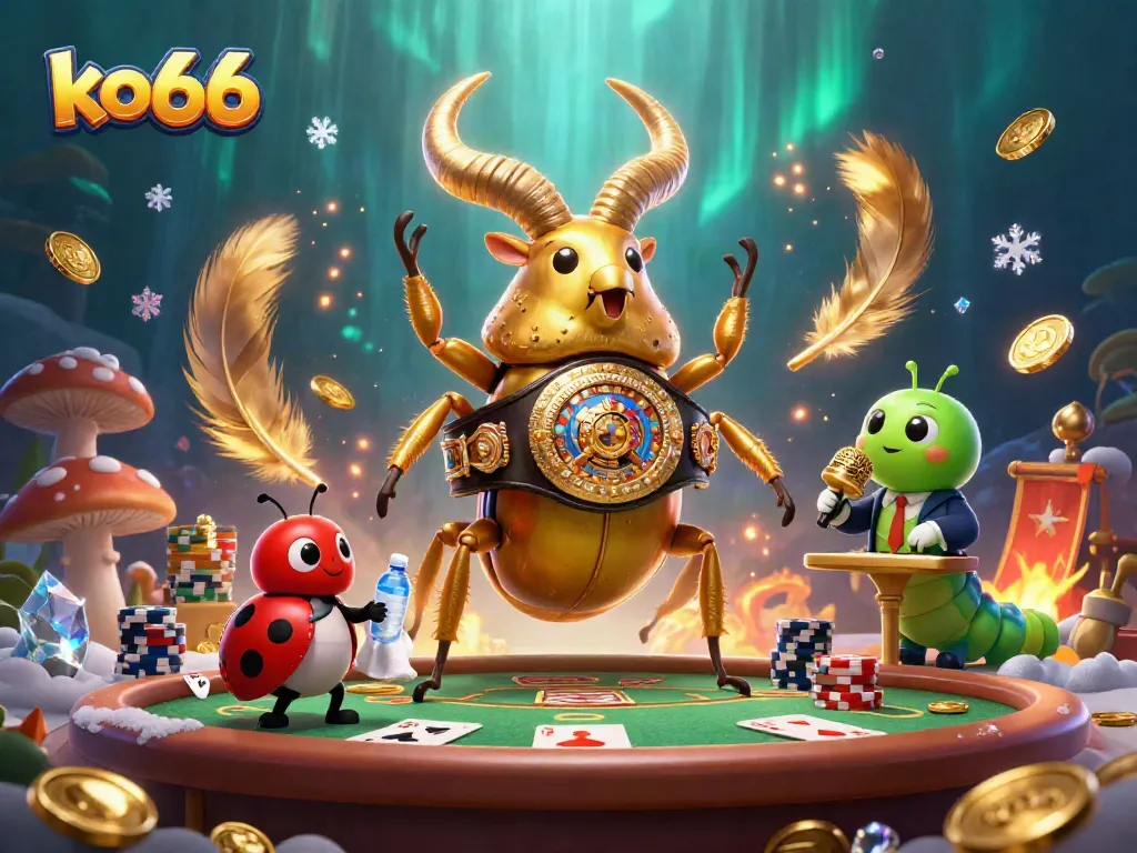 Join the thrilling action at ko66 with a golden stag beetle boxing champion and vibrant poker elements.