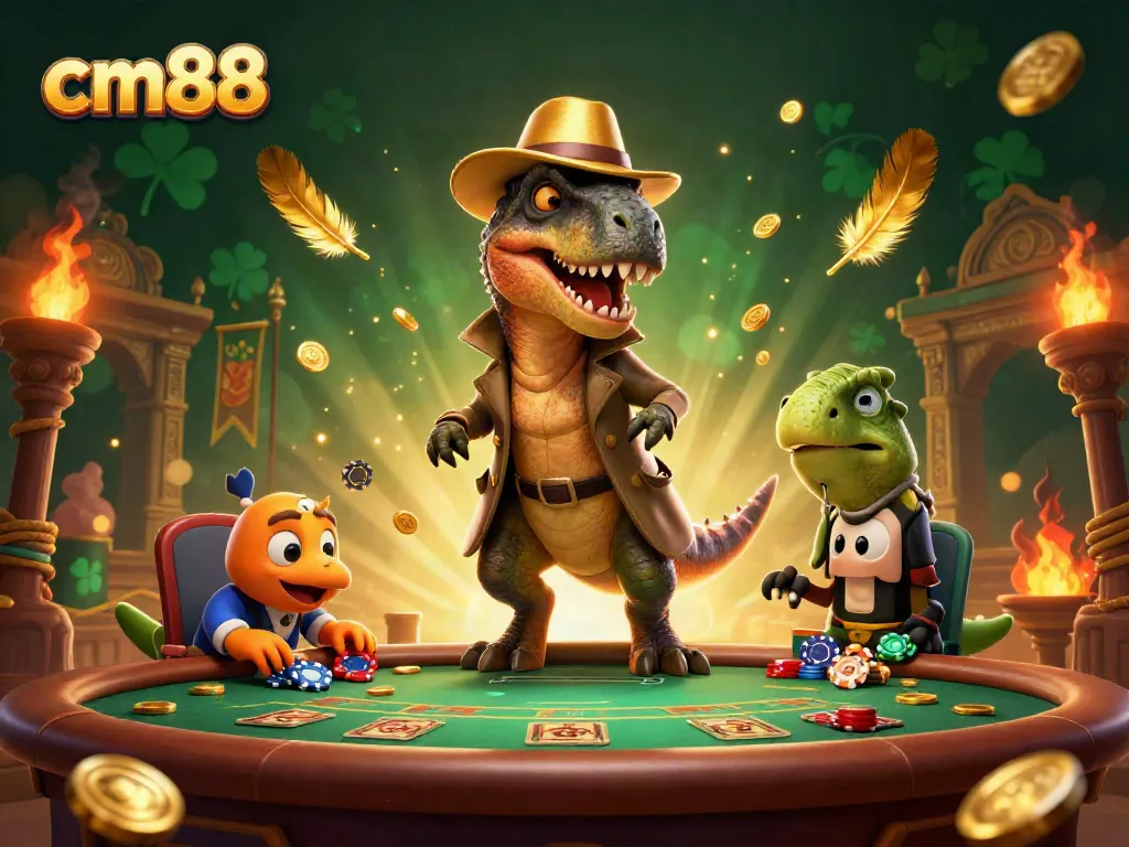 Experience the excitement of cm88 with a velociraptor at a blackjack table, featuring vibrant casino elements.