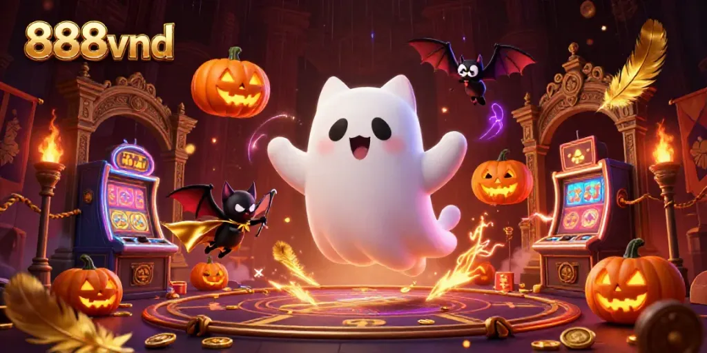 Experience thrilling gaming action with 888vnd in a haunted casino setting featuring ghostly characters.
