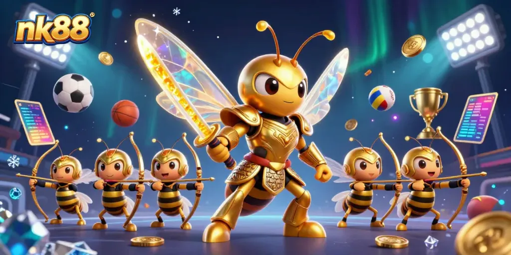 Win big with nk88 at this bustling casino scene featuring vibrant characters and dynamic gaming elements.