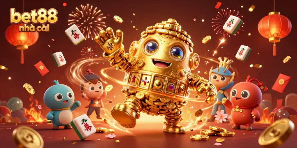 Experience vibrant gaming at bet88 nhà cái with a dynamic scene featuring a golden golem and festive elements.