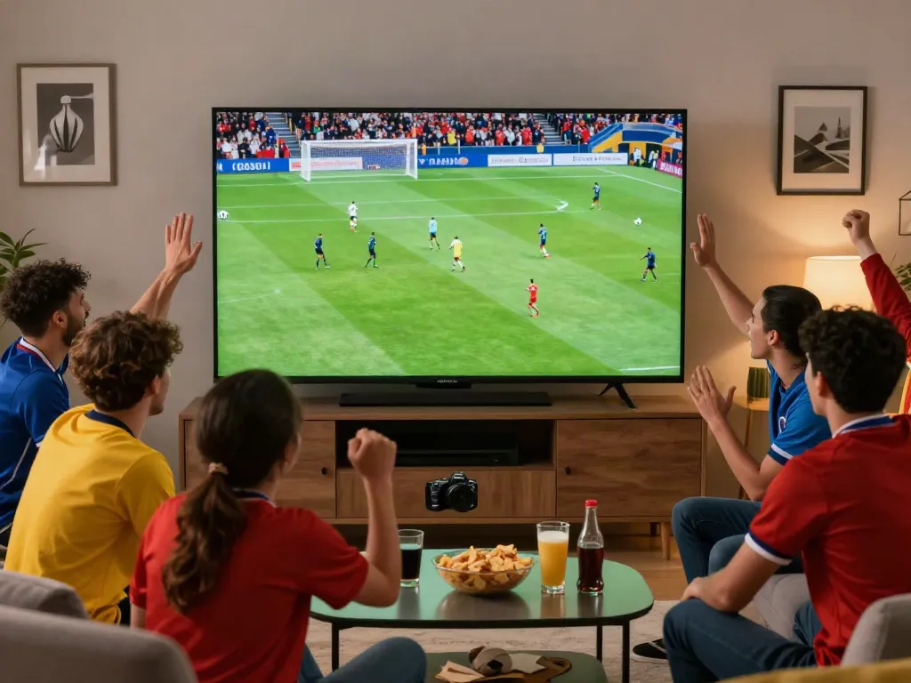 Engaged soccer fans celebrating a goal while watching cakhiatv in a lively living room.