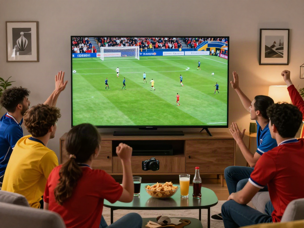 Engaged soccer fans celebrating a goal while watching cakhiatv in a lively living room.