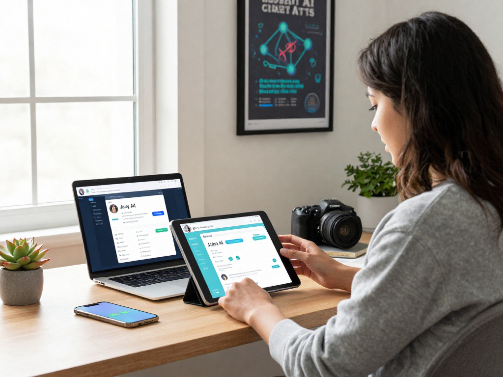 User engaging with juicy chat ai on a tablet in a modern home office.