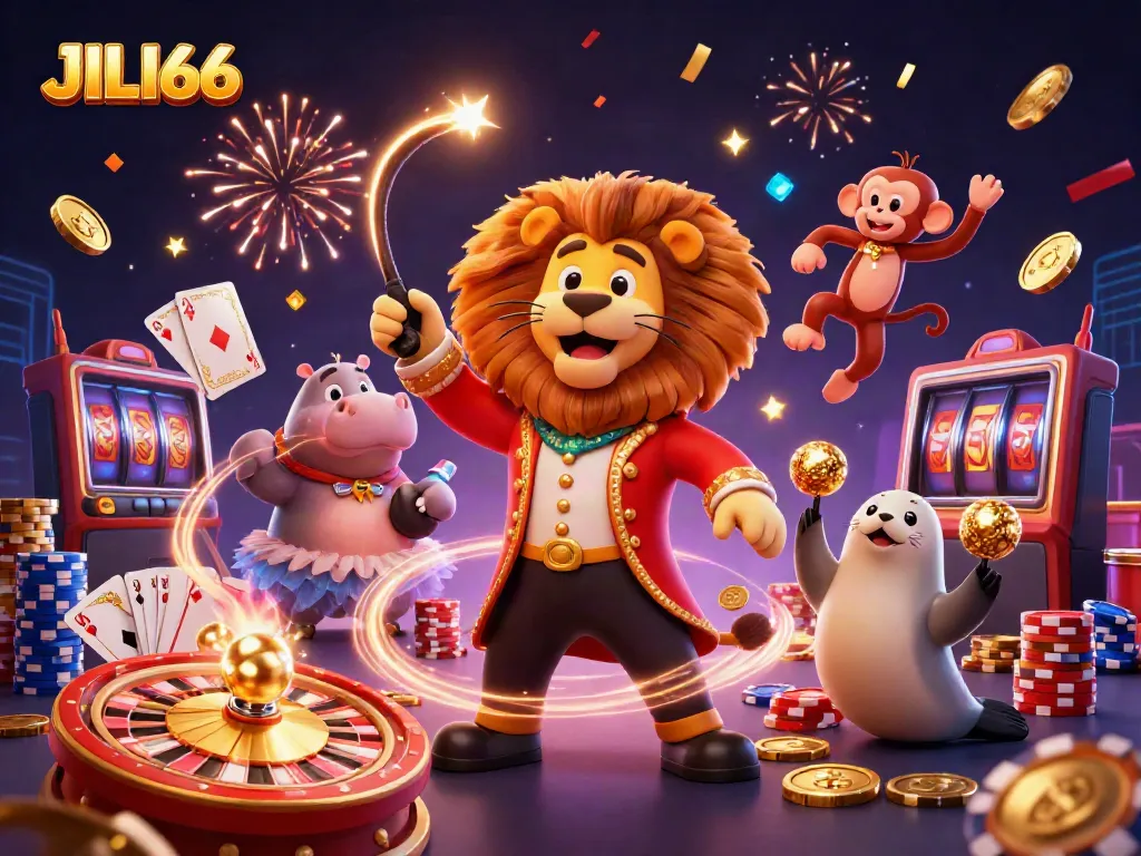 Experience vibrant casino excitement with JILI66's dynamic 3D circus-themed scene, showcasing games and excitement.
