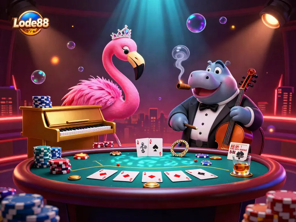 Experience thrilling Lode88 casino adventures with a lively flamingo singer, hippo bassist, and vibrant poker scene.