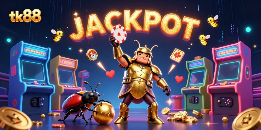 Experience thrilling wins with tk88 in a vibrant casino world featuring hercules beetles and dynamic game elements.