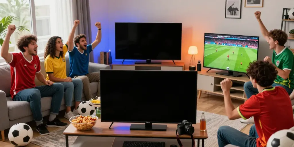 Excited friends watching football live on XOILACTV in a vibrant living room.